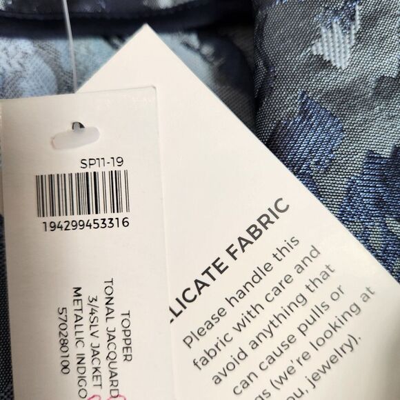 Chico's Womens Long Jacket 2/M Blue Tonal Floral Jacquard Open Front Blazer NWT - Picture 7 of 12